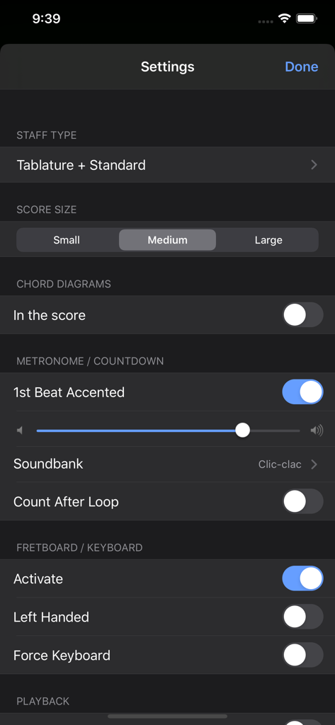 Guitar Pro - Interface des paramètres dans l'application Guitar Pro montrant la configuration du métronome, la taille de la partition et l'affichage du manche.