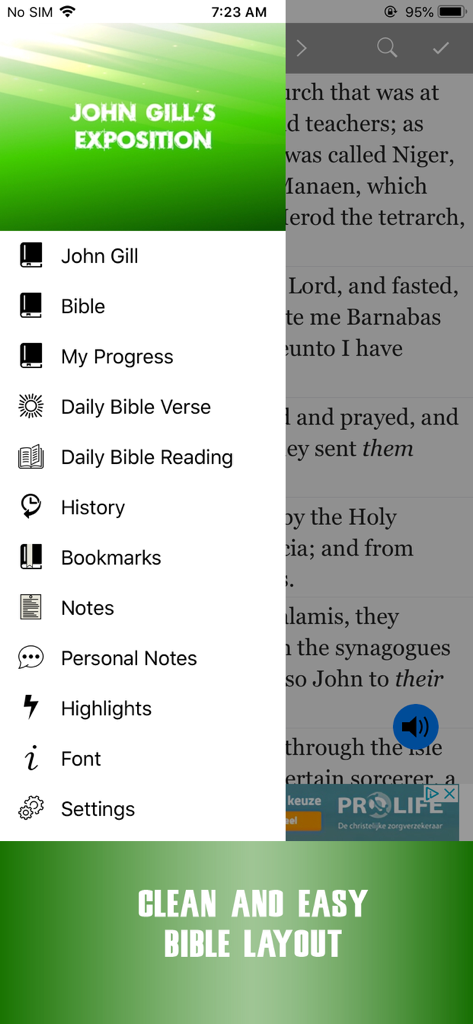 John Gill Expositions Bible - John Gill Expositions Bible app navigation menu with clean layout