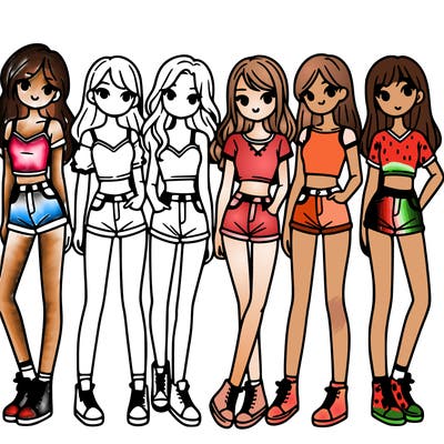 a group of girls wearing crop tops and shorts