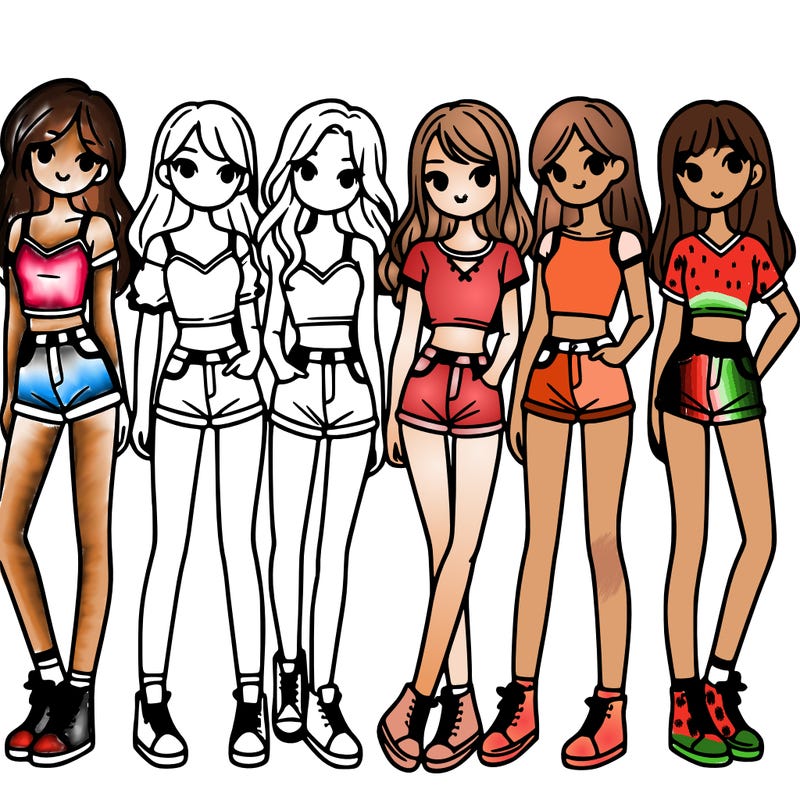 a group of girls wearing crop tops and shorts