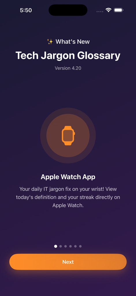 Pantalla de incorporación de la aplicación Glosario de Jerga Tecnológica que muestra el soporte de Apple Watch para términos tecnológicos diarios.