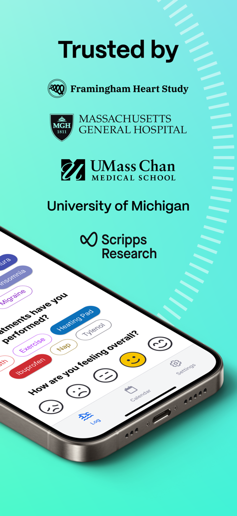 MyDataHelps - Smartphone showing MyDataHelps symptom tracker interface and logos of trusted medical research partners