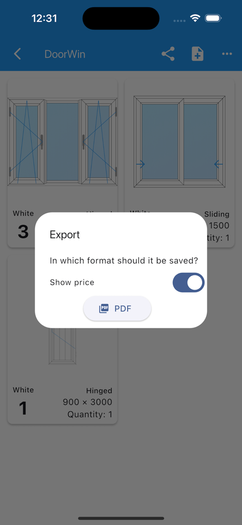 DoorWin PVC uPVC Aluminium - Menú de exportación en la aplicación DoorWin que muestra opciones para guardar un diseño de ventana como PDF con detalles de precios incluidos.