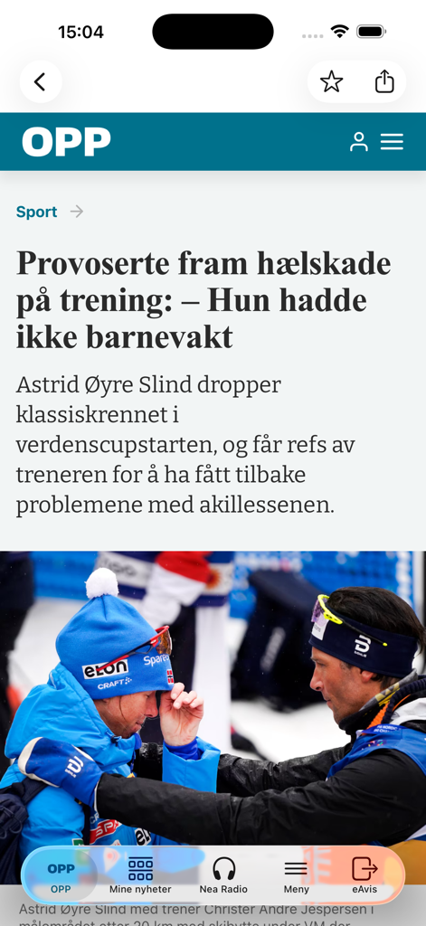 OPP Nyheter - Captura de tela do aplicativo móvel OPP Nyheter mostrando uma notícia esportiva local sobre esqui cross-country.