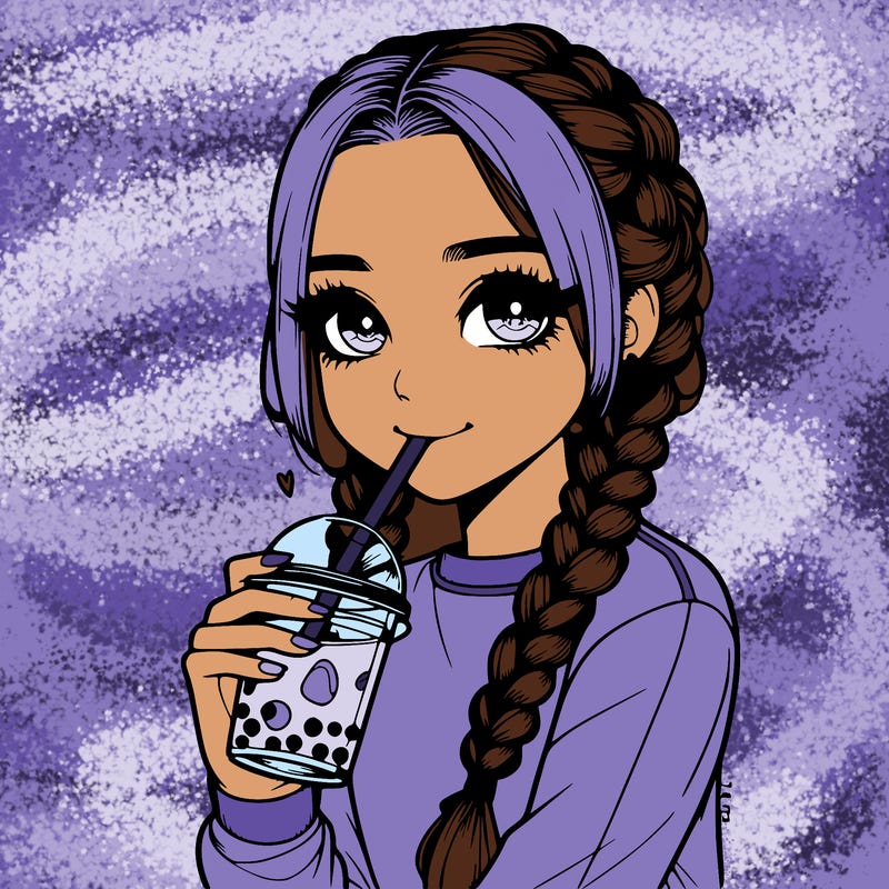 realistic girl with braids drinking boba