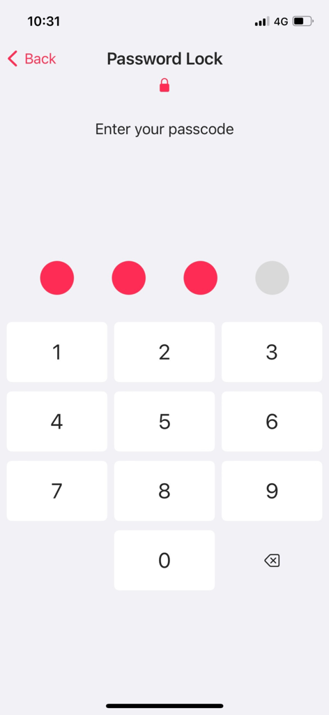 Password lock screen with a numeric keypad for private relationship tracking