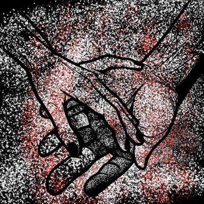 a realistic hand holding another hand but the other hand is not realistic