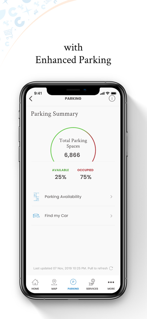 City Centres - City Centres app parking summary screen showing real-time parking availability and a find my car feature