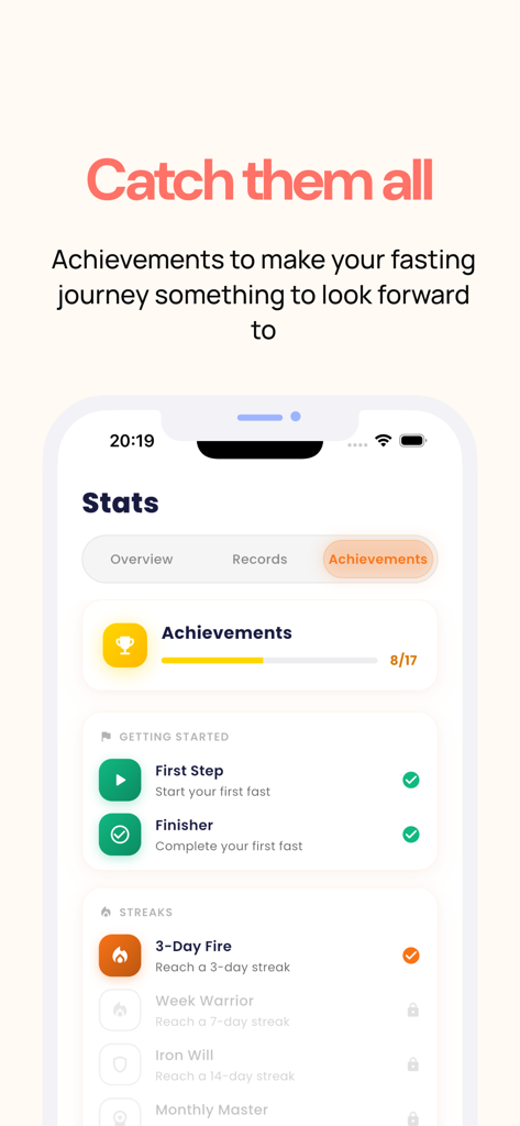 Fasted - Intermittent fasting - Achievements and streaks dashboard in the Fasted intermittent fasting app showing milestones and progress badges.