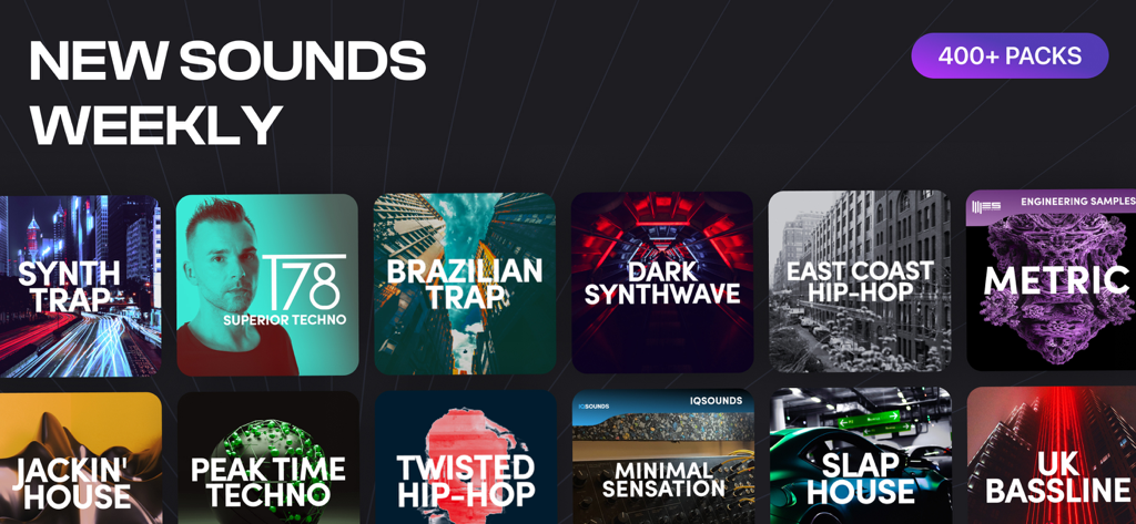 A library of music sample packs in the Remixlive app featuring genres like Trap Techno and Hip Hop