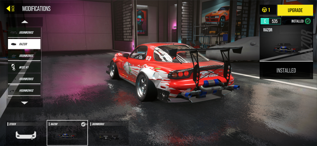 Rear view of a red tuned sports car in the modifications garage menu with various body kit options