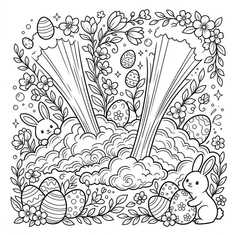 Discover a truly unique Easter coloring experience, blending the wonder of blue jets with classic spring festivities. This delightful page features playful bunnies, intricately decorated eggs, and blooming flowers for hours of creative fun.