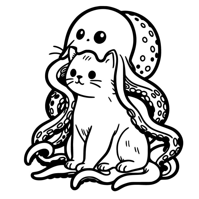 cat sitting down wearing an octopus hat with the octopus tentacles falling on the side of it’s body