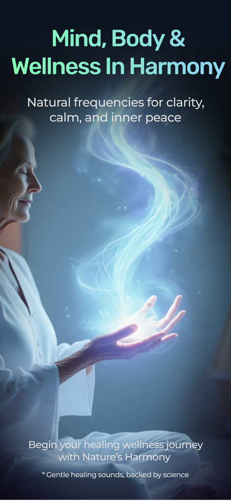 Frequency: Healing Sounds - An older woman meditating with glowing blue light representing healing frequencies