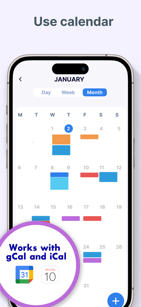 Brite daily planner app showing monthly calendar with Google and Apple calendar integration
