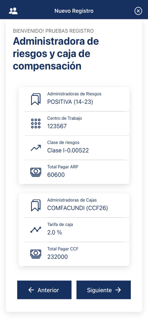 Pantalla de registro de la app Asopagos mostrando información de pago de fondos de riesgos y compensación