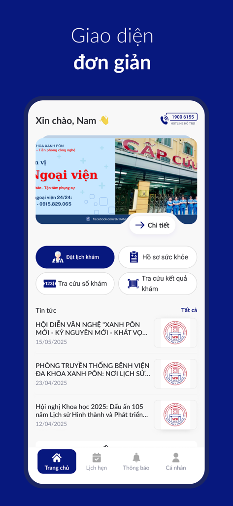 Xanh Pon Care mobile app home screen showing options for booking appointments and viewing health records