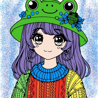 realistic girl wearing frog sweater and a frog hat with frog earrings