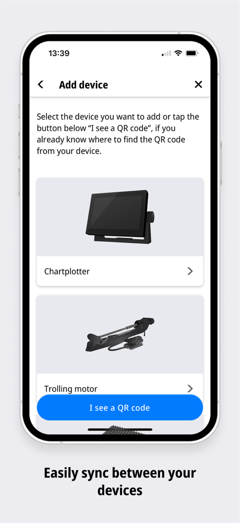 iPhone screen showing the Lowrance app add device menu with options for chartplotter and trolling motor hardware synchronization
