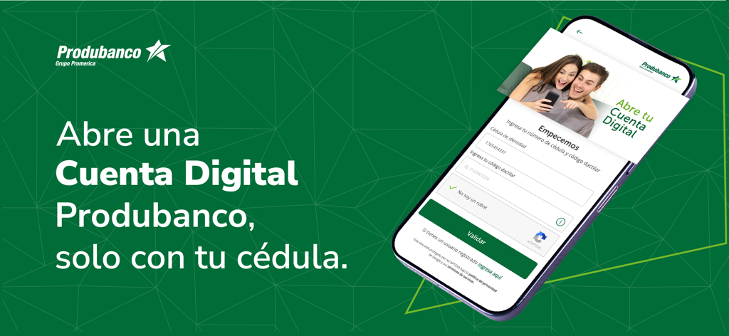 Schermata dell'app mobile Produbanco per l'apertura di un conto bancario digitale con documento d'identità ecuadoriano
