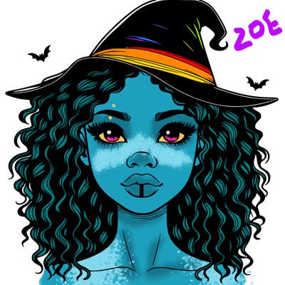 realistic black girl with wavy hair and witch hat and nose and lips