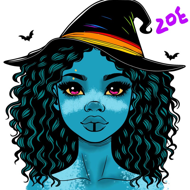 realistic black girl with wavy hair and witch hat and nose and lips