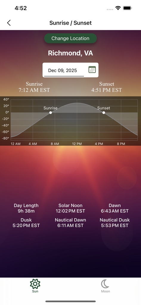 Go Outdoors VA app screen showing sunrise and sunset times for Richmond Virginia