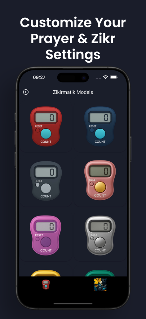A selection of colorful digital zikirmatik counter themes for personalizing prayer and zikr settings.