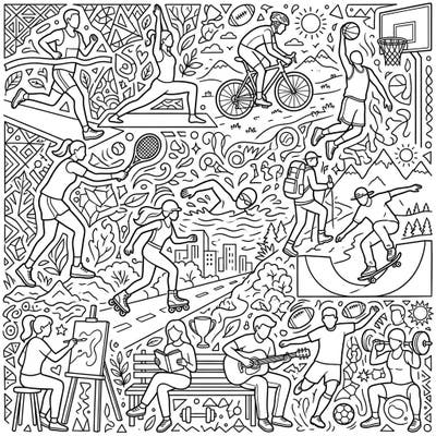 Explore a vibrant world of activities and passions with this engaging sports and hobbies coloring page. From thrilling athletics to relaxing pastimes, there's a scene for every interest waiting for your creative touch.