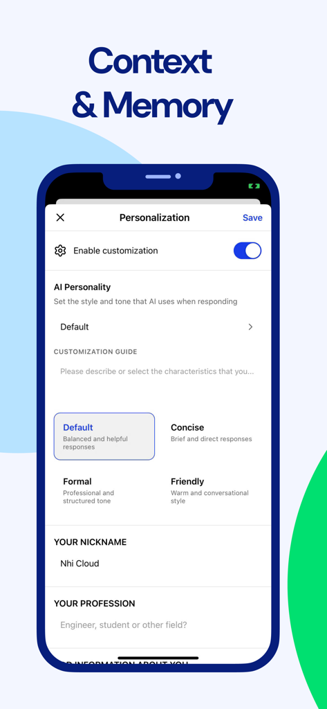 Geny AI Assistant personalization settings showing AI personality options and user profile details