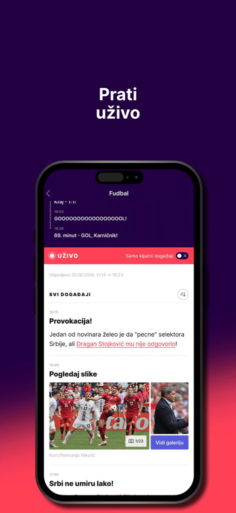Mondo - Screenshot of the Mondo app showing live football match updates and sports news in Serbian.