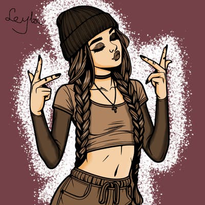 realistic teenage girl with braids and a beanie and crop top doing 🫶🏼