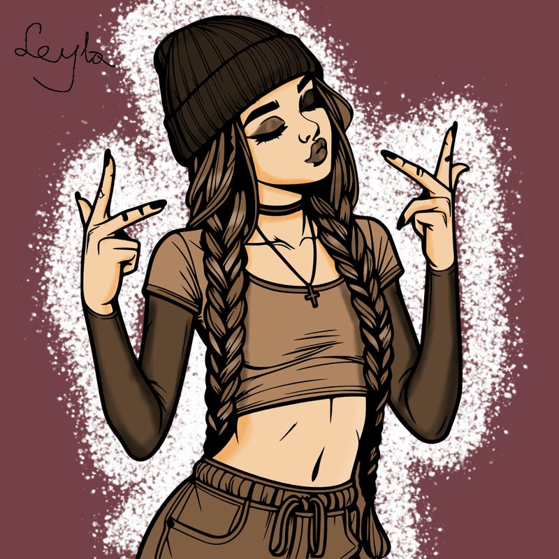 realistic teenage girl with braids and a beanie and crop top doing 🫶🏼