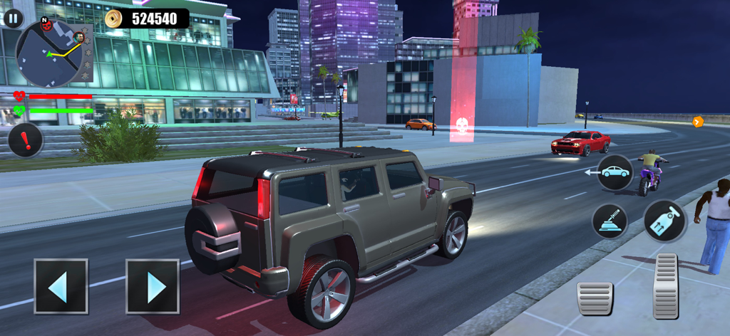 Hero Gangster City Gang Battle - Captura de pantalla del juego de Hero Gangster City mostrando un SUV gris circulando por una calle de la ciudad por la noche con controles en pantalla para móvil.