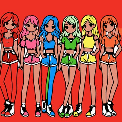 a group of girls wearing crop tops and shorts