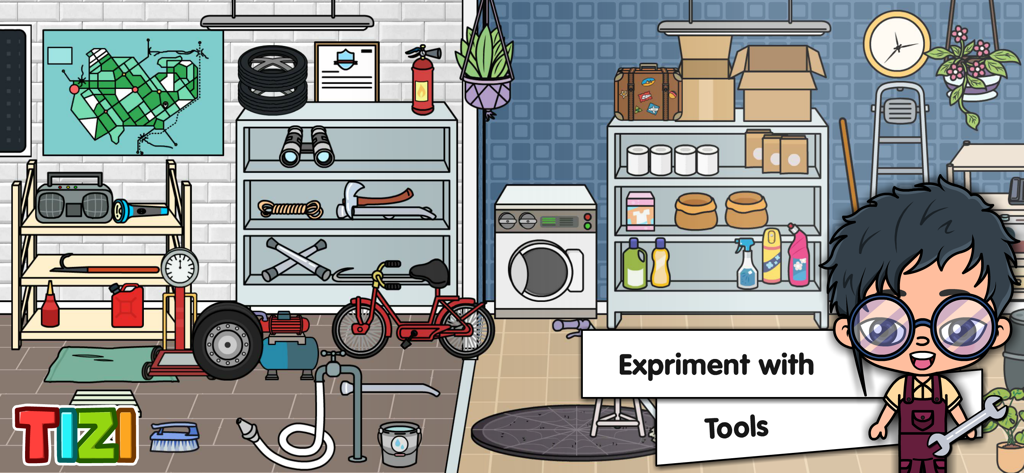 A cartoon boy holding a wrench in a garage filled with tools and a red bicycle in Tizi Town Mansion.
