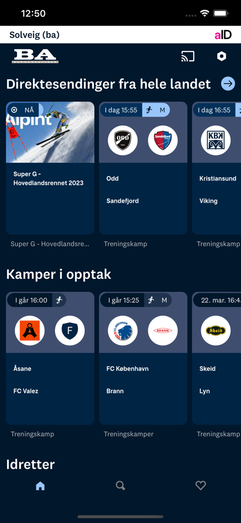Direktesport - Direktesport mobile app interface showing live and recorded Norwegian sports broadcasts like alpine skiing and soccer.