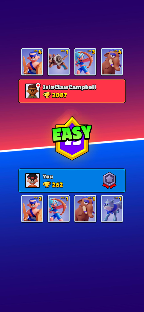 PvP match-up screen in Draw Arena showing two players with their respective unit cards and trophy counts