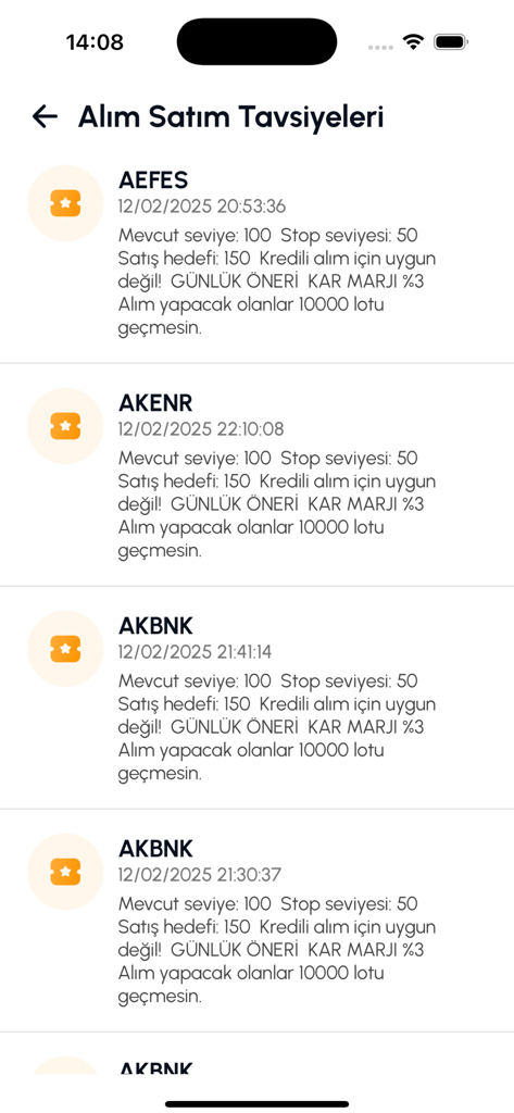 Interface de l'application MT Trade affichant les recommandations quotidiennes de trading d'actions et les niveaux cibles