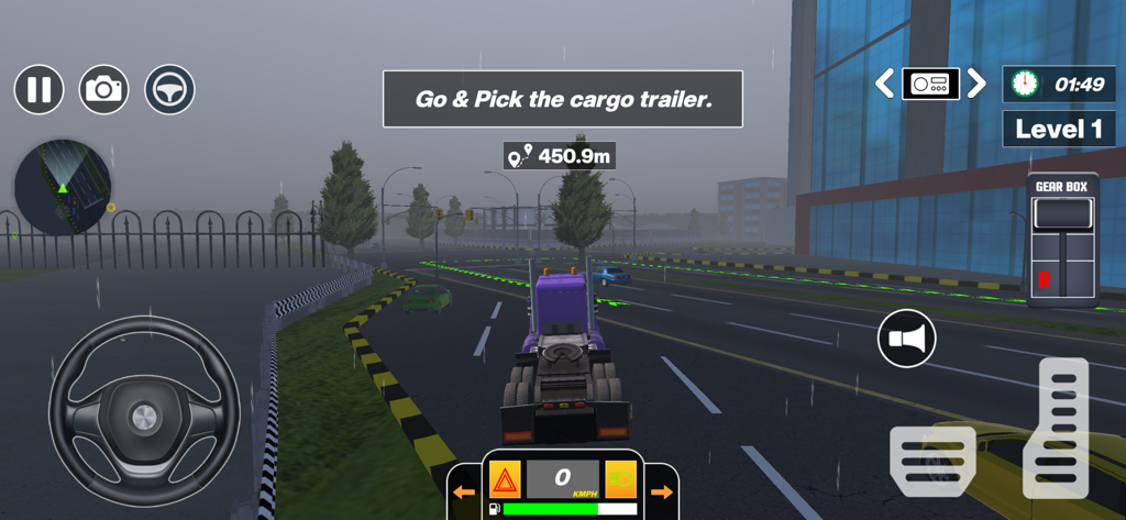 Juego de un camión morado navegando por una calle lluviosa de la ciudad con controles de simulación en pantalla.