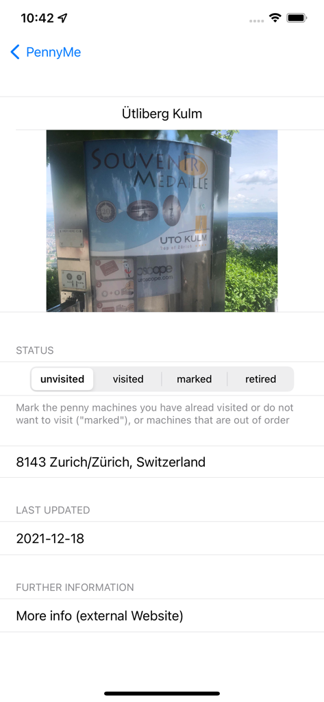 PennyLocator - Detail screen of a pressed penny machine showing its location and visit status.