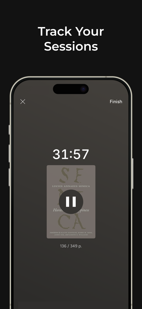 BookNote - Book Tracker & TBR - Interfaz de la aplicación BookNote mostrando un temporizador de sesión de lectura con seguimiento del progreso de un libro.