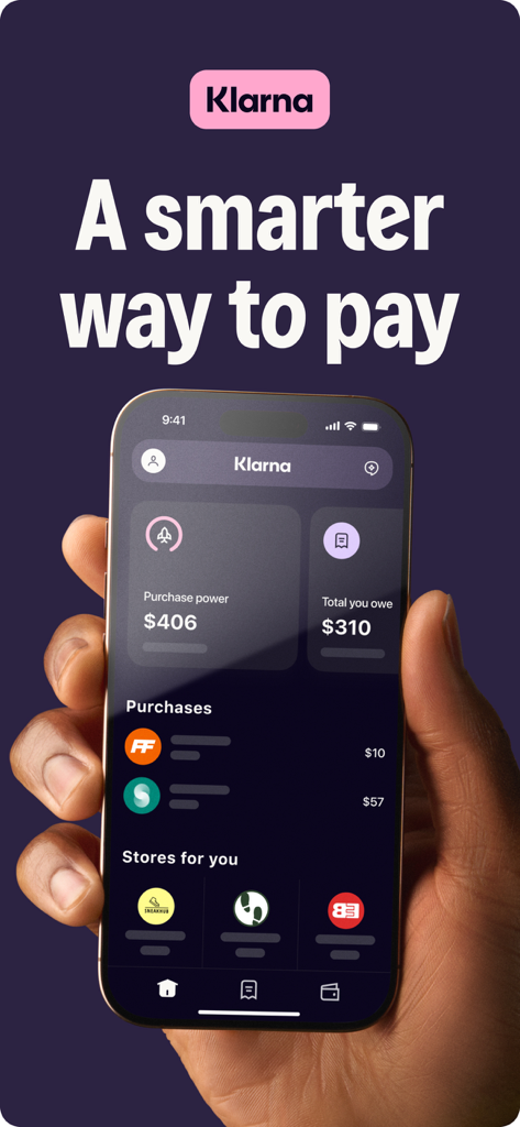 Smartphone displaying the Klarna app interface with purchase power and current balance.