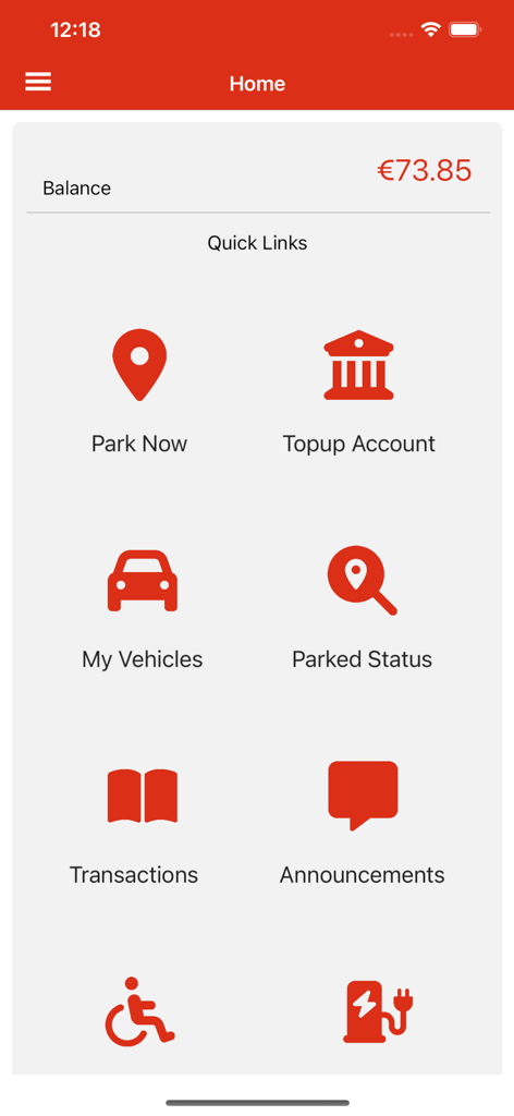 ParkMagicモバイルアプリのホームダッシュボード。アカウント残高と、駐車場および料金サービスへのクイックリンクが表示されます。