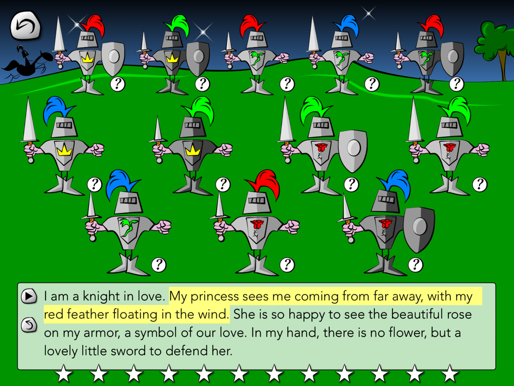 Educational reading comprehension screen showing a group of knights and a text riddle with clues to find the correct one.