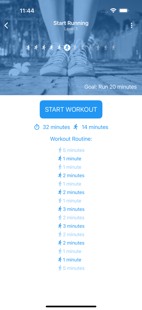 Start Running For Beginners - Interface of Start Running app showing a Level 1 interval training workout routine