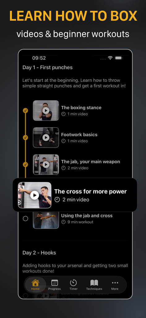Learning path for beginner boxing techniques including stance footwork and punches