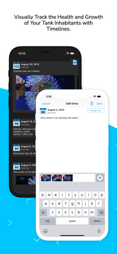 Aquarimate - Aquarimate app interface showing a timeline for tracking the health and growth of aquarium inhabitants