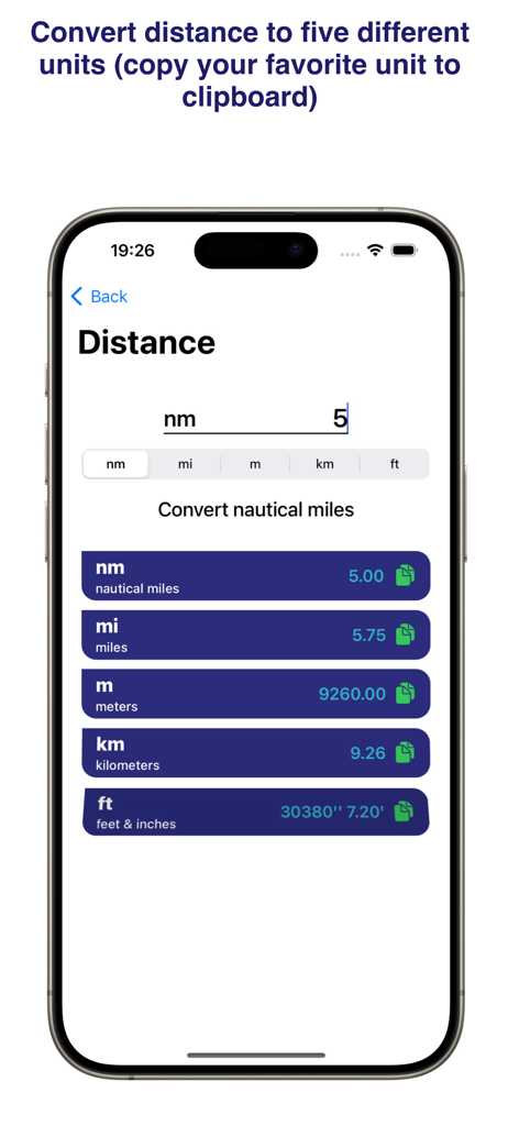 Marine Converter - Marine Converter app showing nautical miles converted into miles meters and kilometers on an iPhone screen