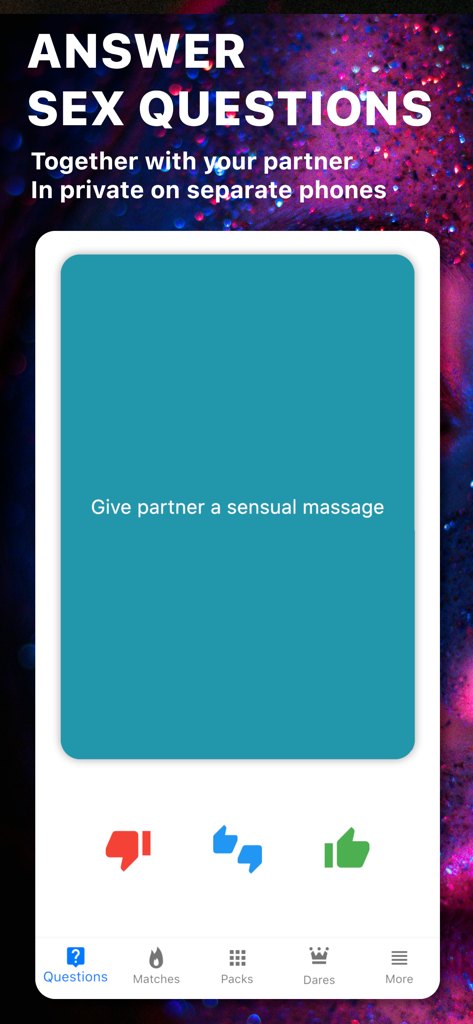 Spicer - Sex Ideas For Couples - Pantalla de la aplicación Spicer mostrando una idea de masaje sensual y botones de votación para parejas